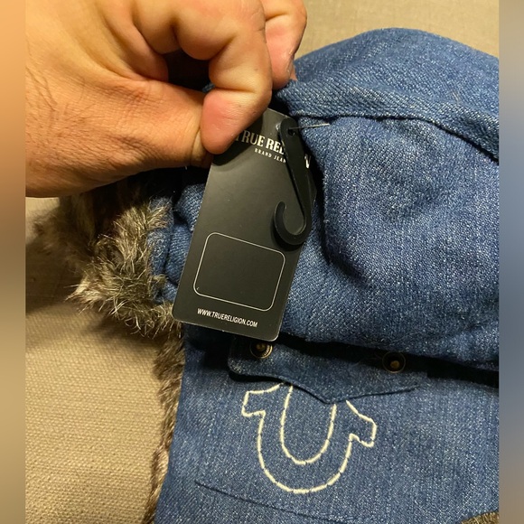 True Religion Trapper Hat Blue Denim Faux Fur Horseshoe Pockets Chin Strap NWT - Picture 5 of 15